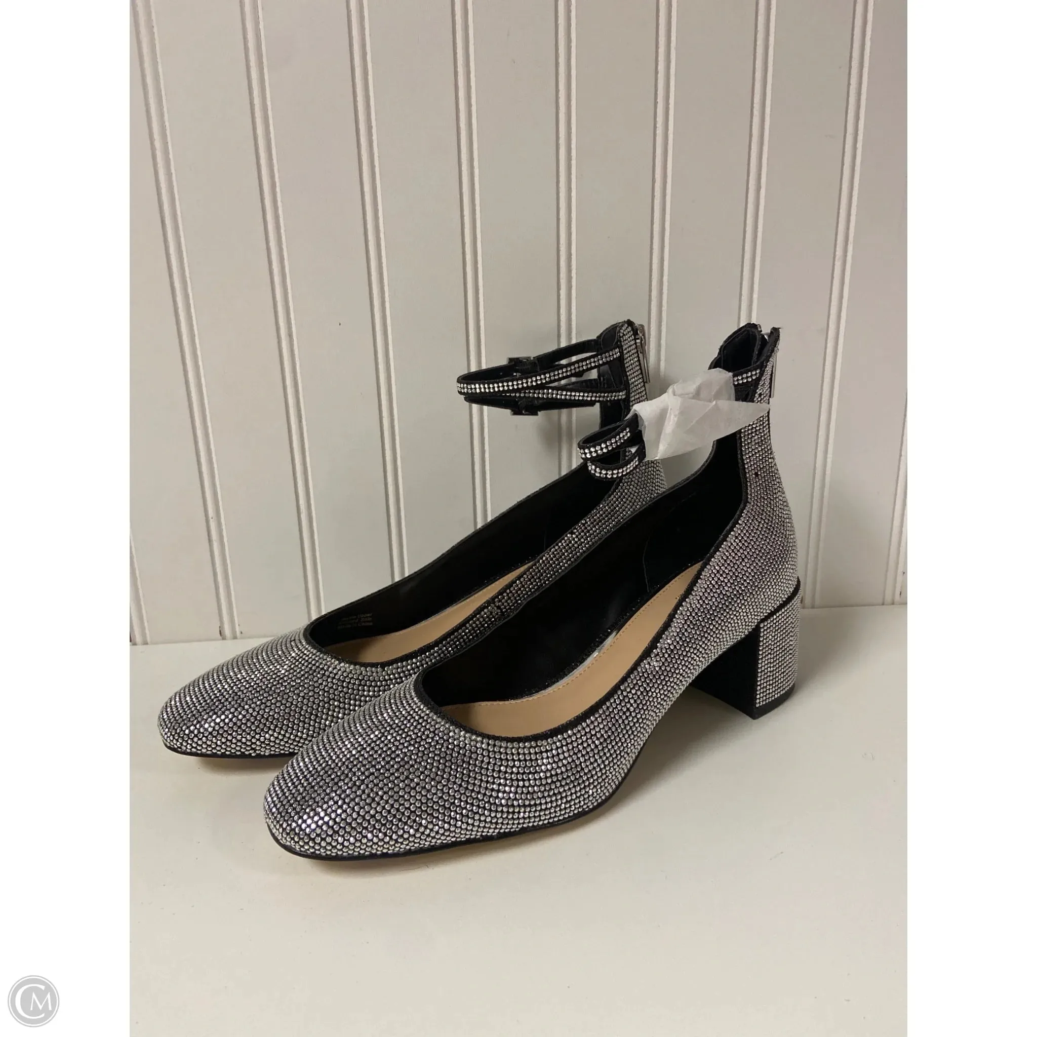 Shoes Heels Block By Badgley Mischka In Black & Silver, Size: 9 Memory Foam Insert