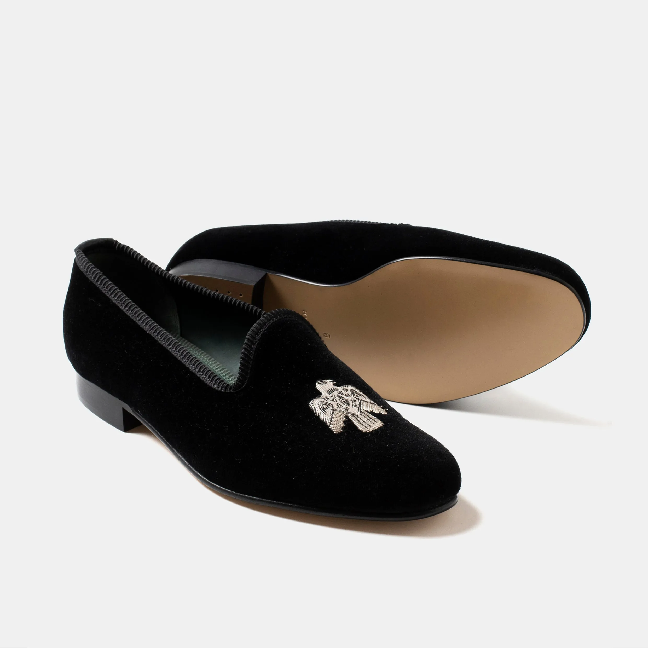 Bryceland's x Bowhill & Elliott Velvet Slippers Black Pull on Goal Step