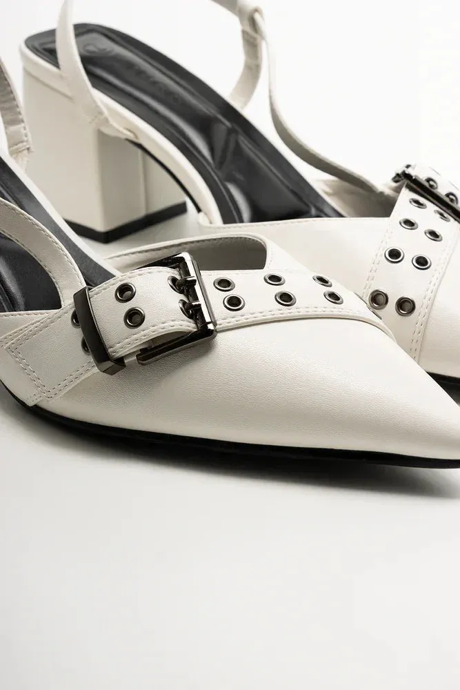 Buckle Pointy Block Heel Shoes White Glamorous Heels