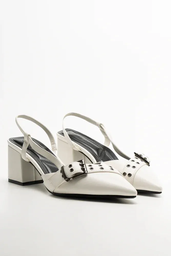 Milan Mood Fashion Fit Buckle Pointy Block Heel Shoes White