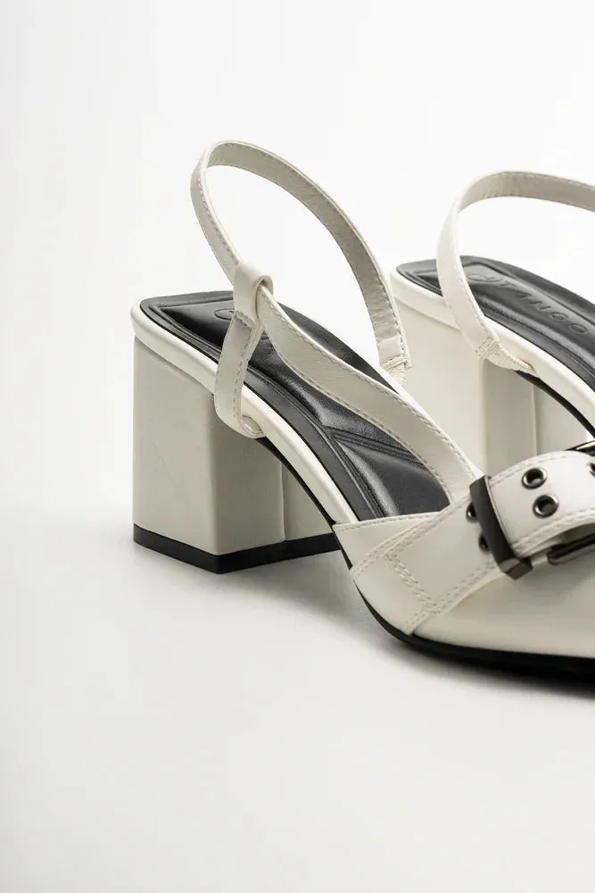 Alluring Design Buckle Pointy Block Heel Shoes White