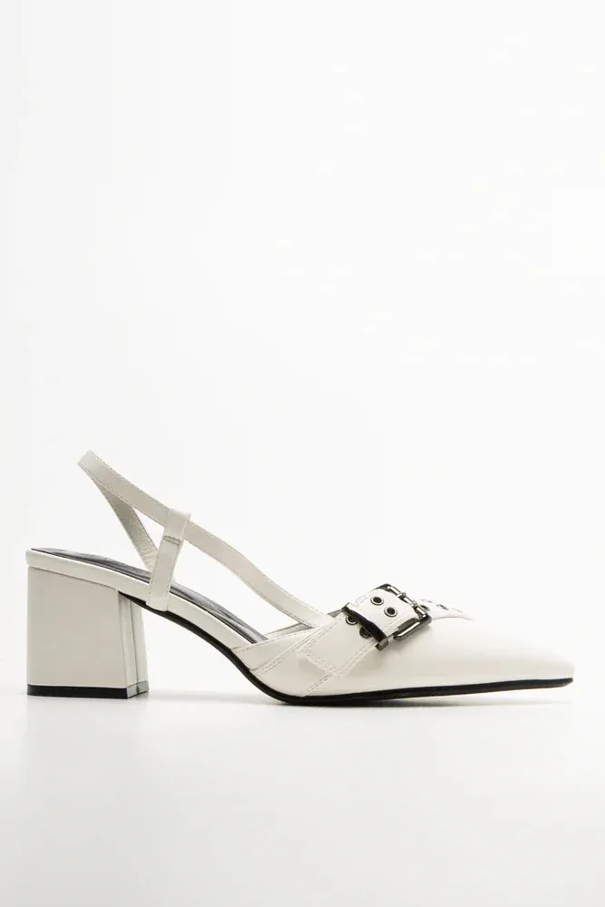 Buckle Pointy Block Heel Shoes White Power Heel Elegant Look