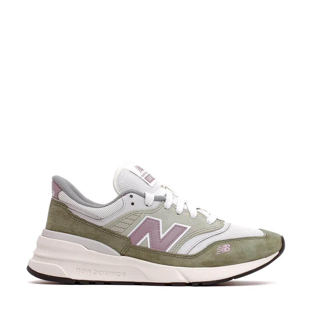 New Balance Unisex 997R Dark Olivine Sea Salt U997RMGB running in a river area shoes