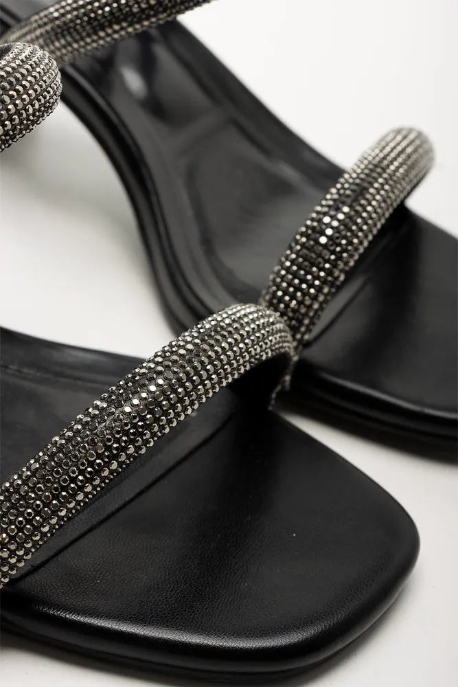 Diamante Mule Block Heel Black Birthday Glow