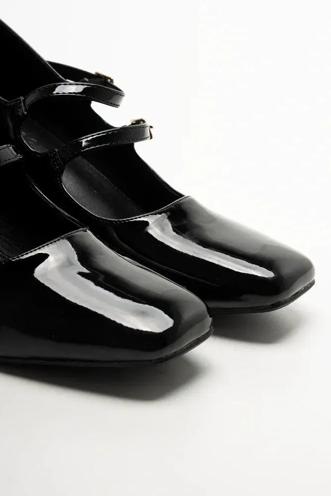 Double Strap Block Heel Shoes Black Gala Spark Night Glamour