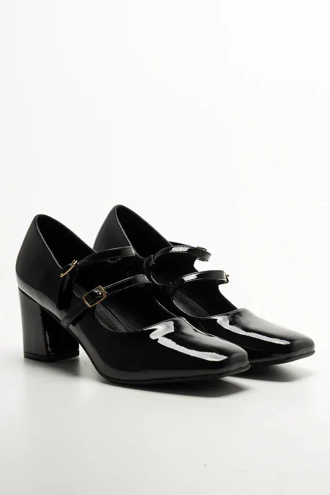 Double Strap Block Heel Shoes Black Stylish Heels