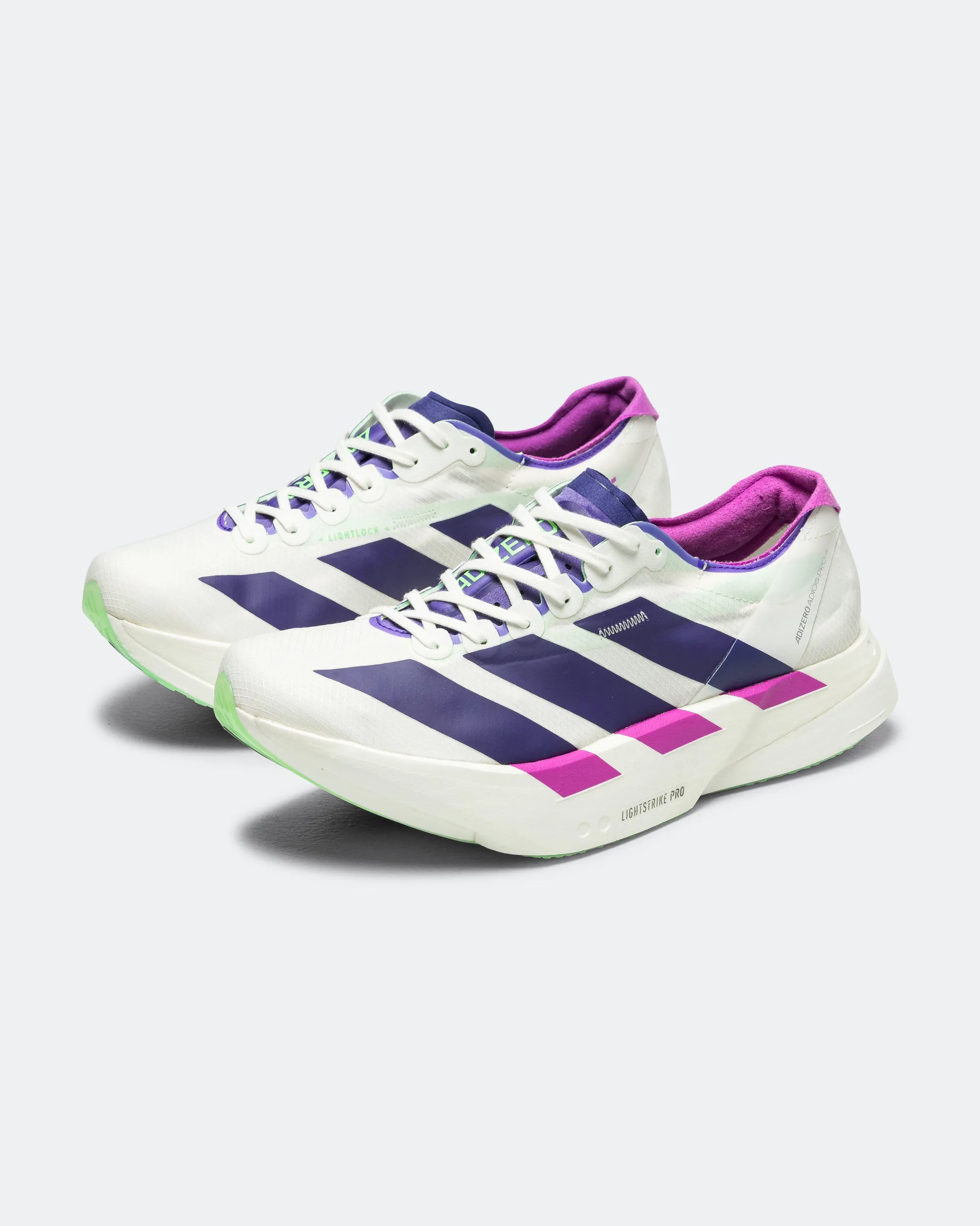 Long Standing Mens Adizero Adios Pro 4 - Core White/Collegiate Purple-Lime Burst