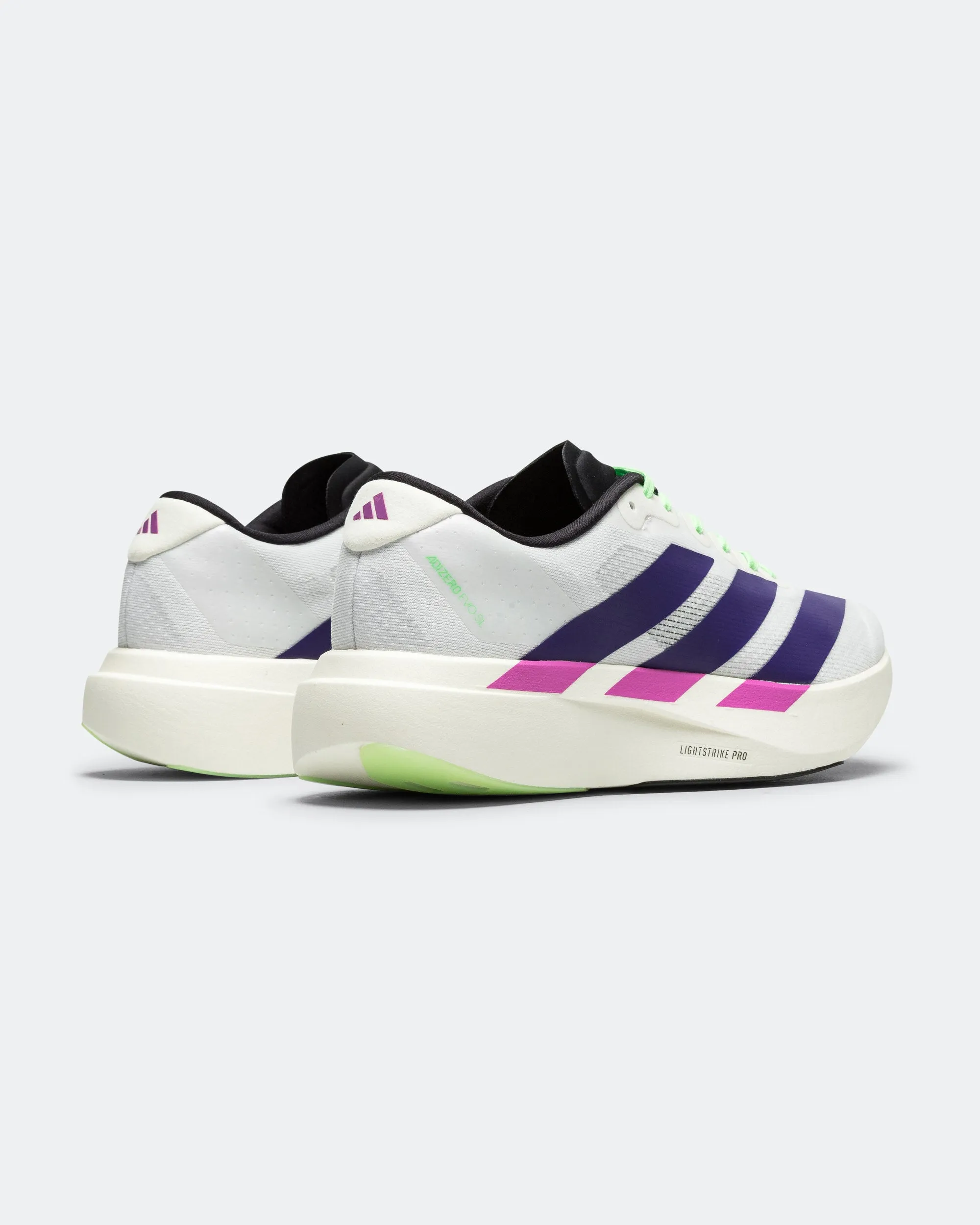 Work Day Fit Travel Friendly Mens Adizero Evo SL - Cloud White/Collegiate Purple-Lime Burst