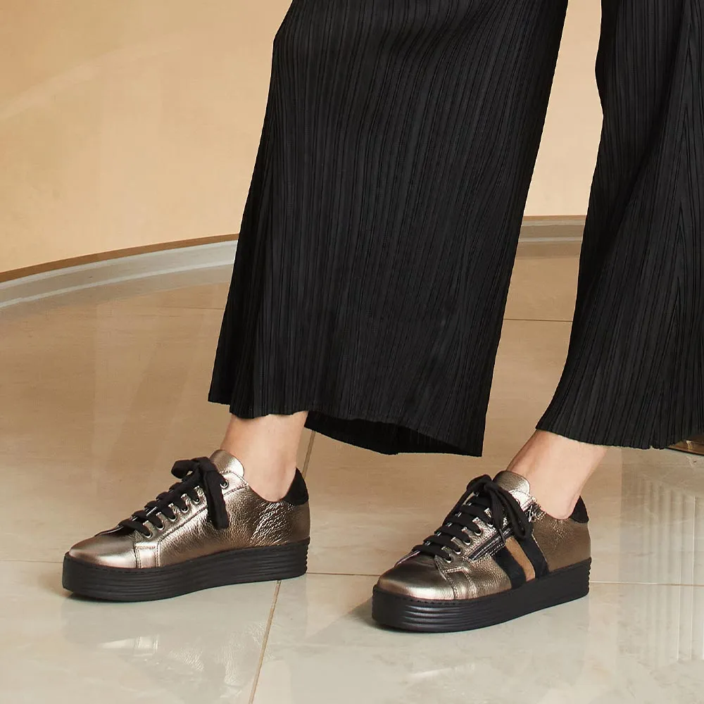 Harley Stripe: Bronze Leather & Luxe Pony Smooth Motion Elastic Gore Panels