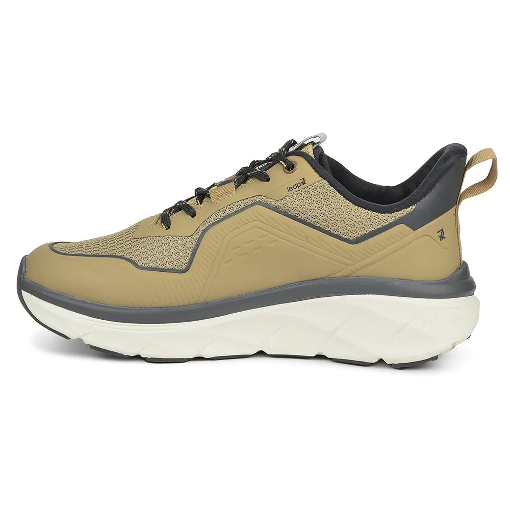 Ergonomic Heel Design Leap7x Beige Sports Lacing Running Shoes For Men MANILA By Liberty