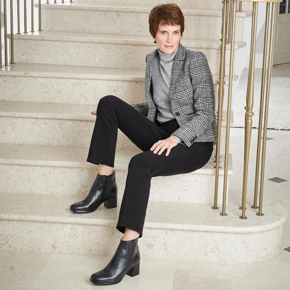 Frankie: Black Snake Print Leather Block Hike Impact Resistant Heel