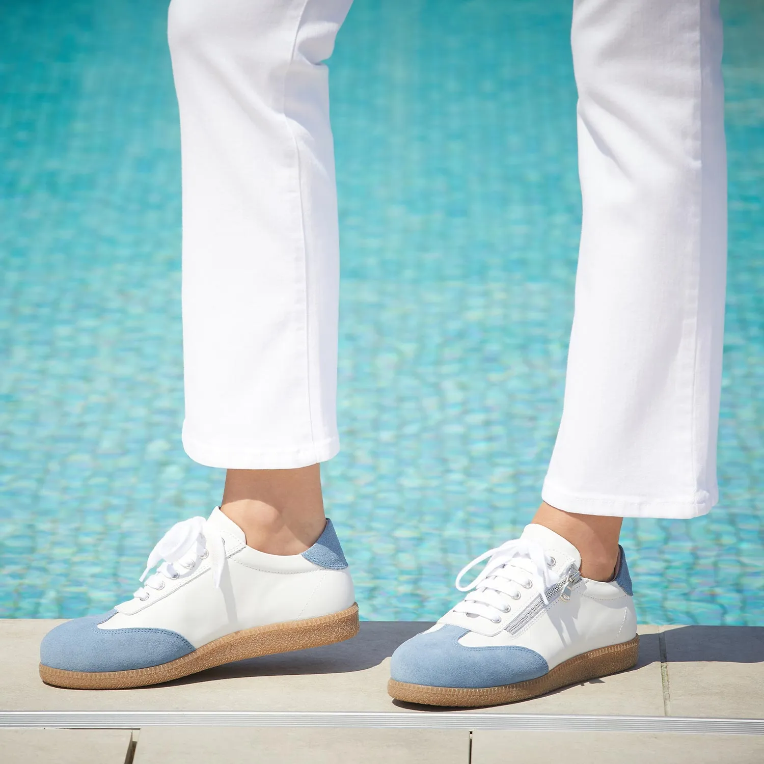 School Ready Pixie: White Leather & Denim Suede