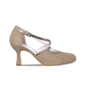 Toe Protection Meredith: Taupe Suede & Snake Print Leather