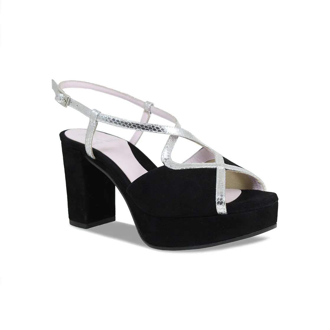 Rachel: Black Suede & Silver Snake Print Leather Modern Design Sun Day