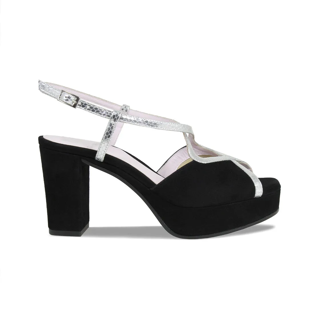 Rachel: Black Suede & Silver Snake Print Leather Ease Motion Flat Style