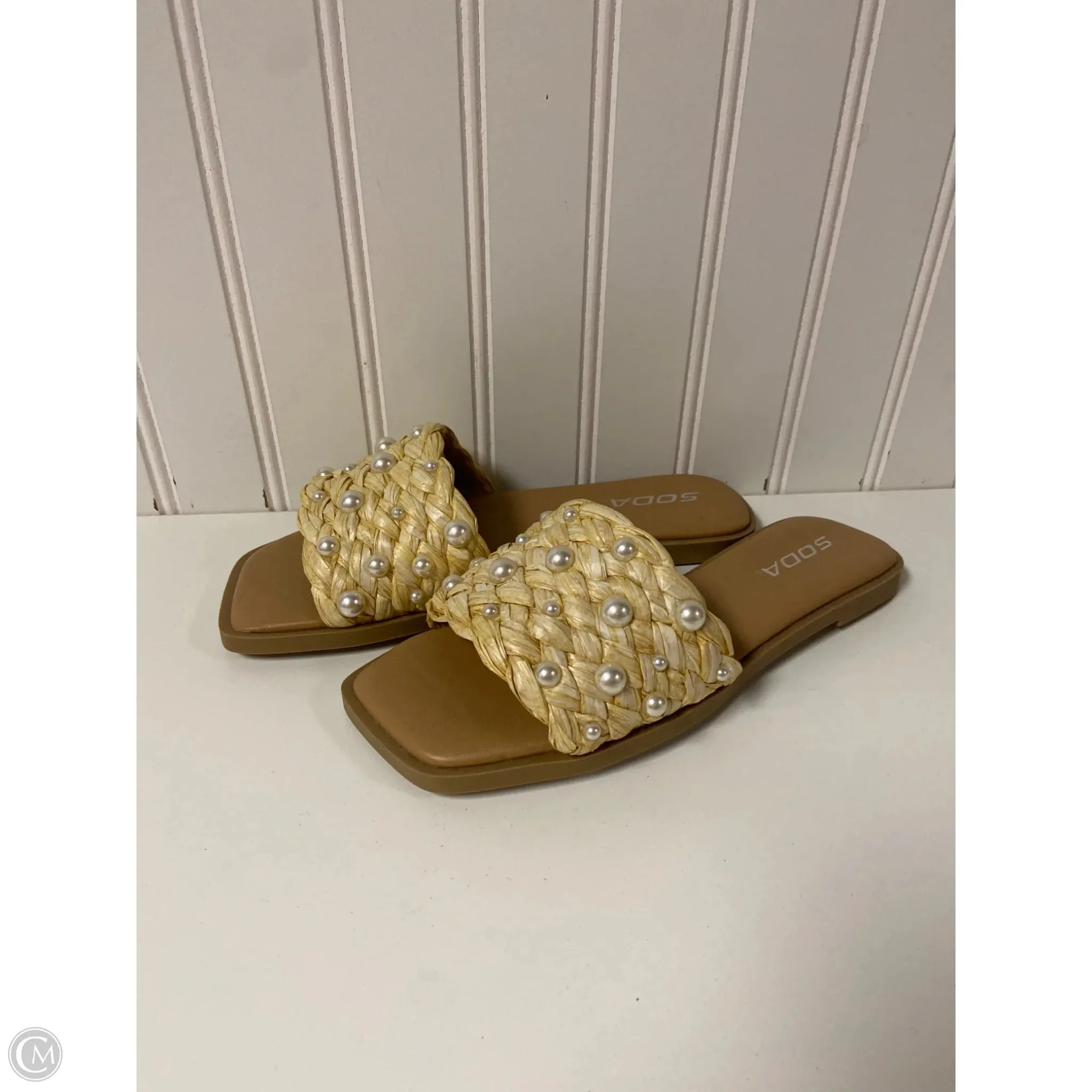 Flat Bottom Fun Step Sandals Flats By Soda In Beige, Size: 6.5