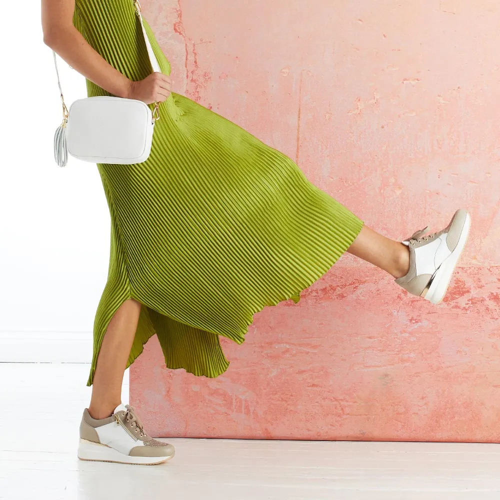 All Day Wear Low Heel Electra: Taupe & White Leather