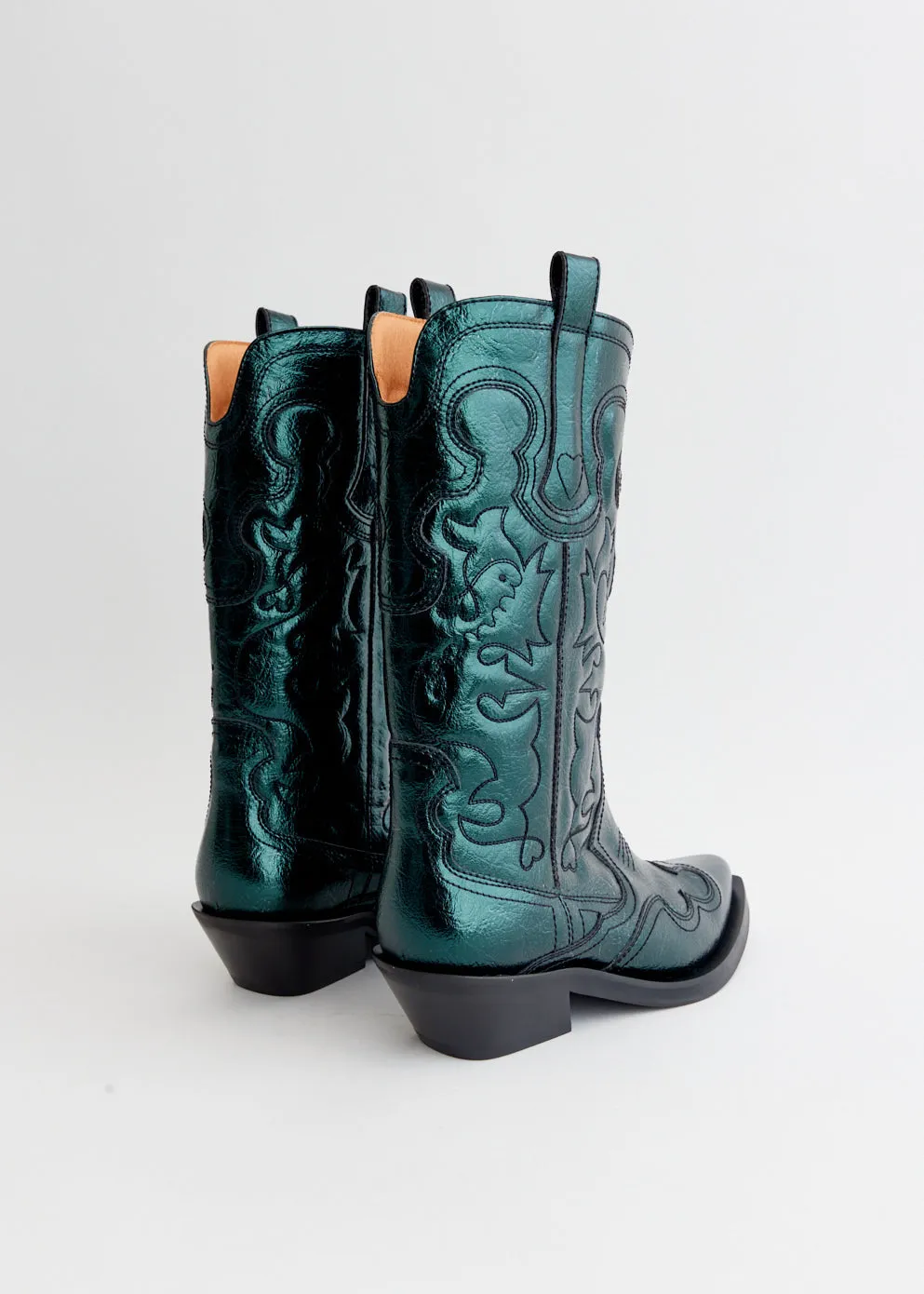 Tide Path Plain Finish Mid Shaft Metallic Embroidered Western Boots