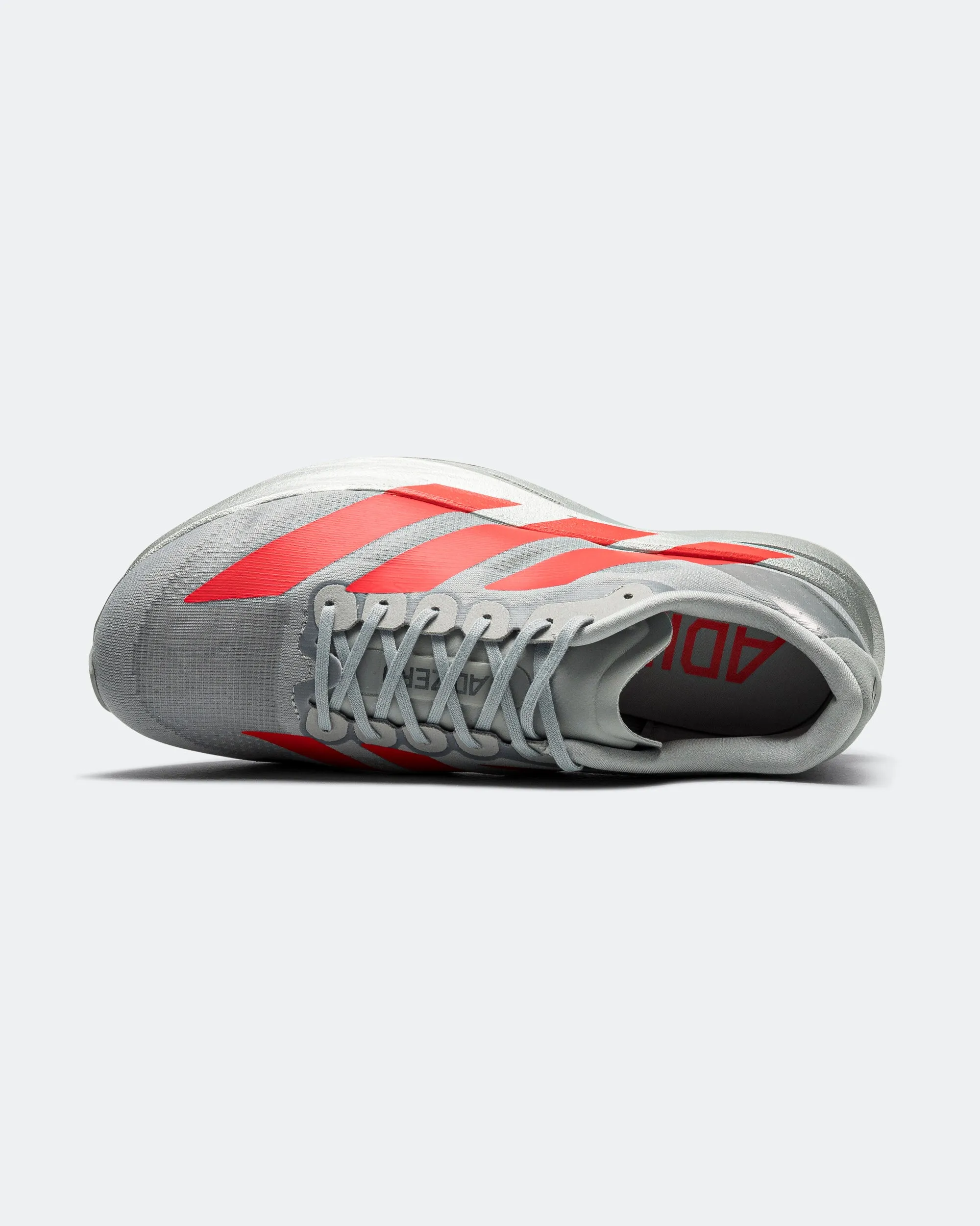 Womens Adizero Evo SL - Silver Metallic/Lucid Red-Iron Metallic Smooth Motion Transition